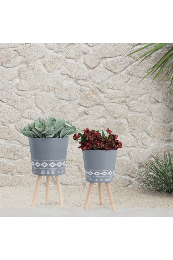 Set of 2 Gray Diamond Pattern Planters 10/12 Inch with Wooden Legs KD Structure