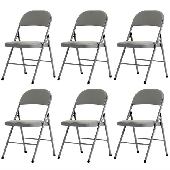 FUNA Set of 6 Gray Foldable Chairs Iron Frame Sponge Padded PVC Chairs for Exhibition Party Home Use