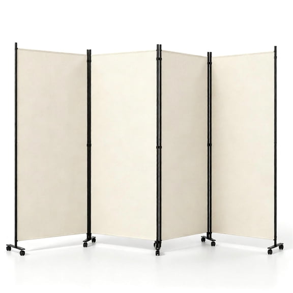 FUNA White 4 Panel Rolling Room Divider Folding Privacy Screen with Lockable Wheels Freestanding Partition