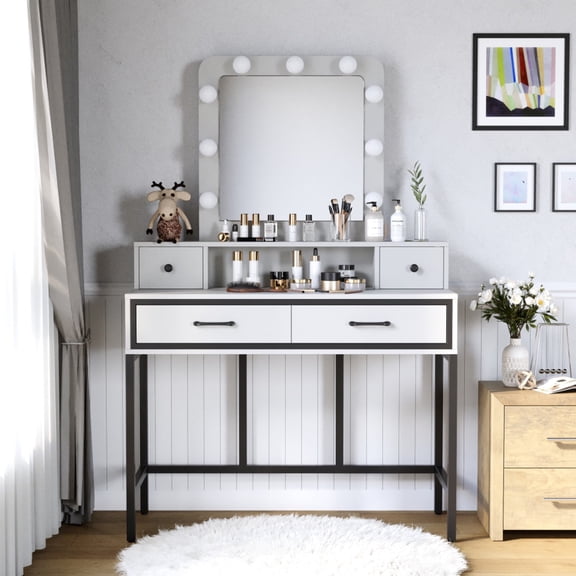 FUNA White Makeup Vanity Desk with Hollywood Lighted Mirror 3 Color Dimmable LED Mirror Dressing Table with 4 Smooth-Glide Drawers