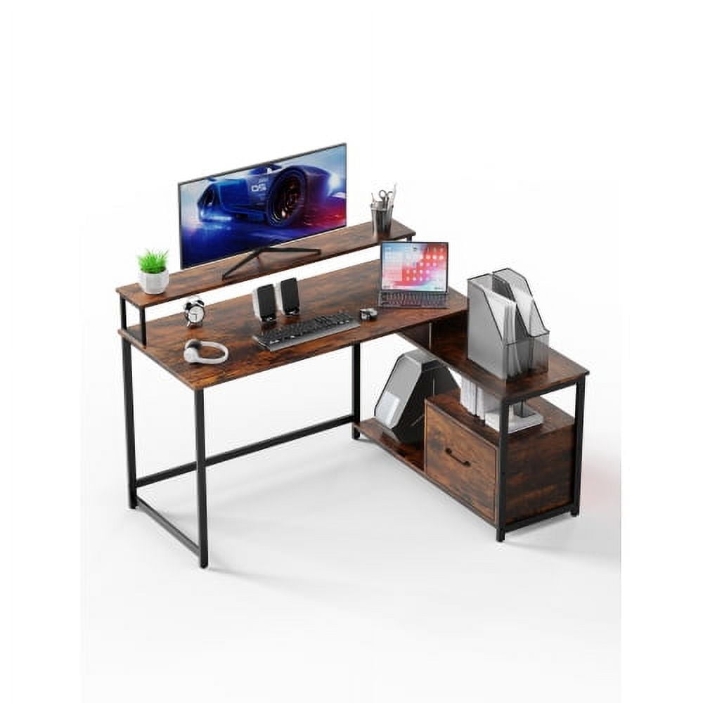 FUNAP Computer Desk with File Drawer and Storage Shelves, LED Strip, Power Outlet, 55 inch Home