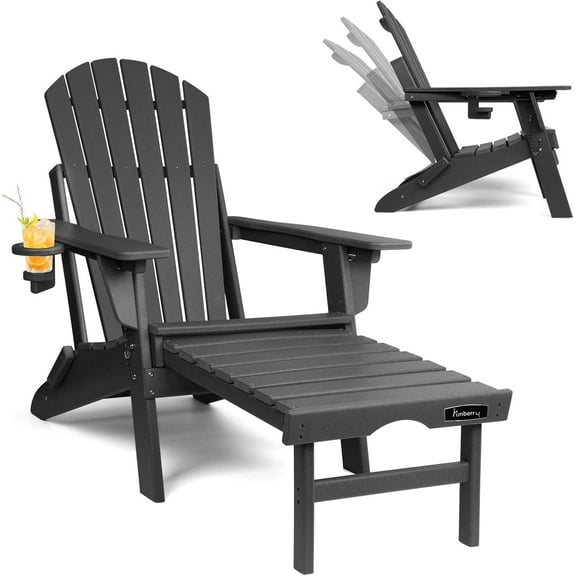 FUNBERRY Adjustable Folding Adirondack Chair with Retractable Ottoman, All Weather Fire Pit Chairs with Cup Holder