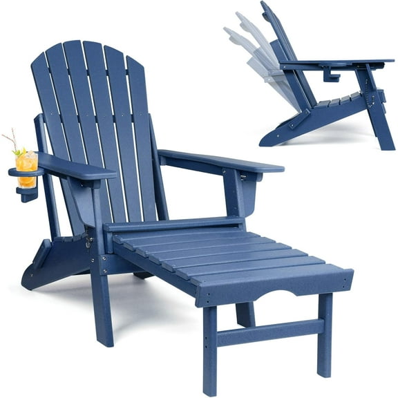 FUNBERRY Adjustable Folding Adirondack Chair with Retractable Ottoman, All Weather Fire Pit Chairs with Cup Holder