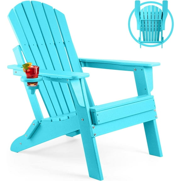 FUNBERRY Folding Adirondack Chair, All Weather HDPE Fire Pit Chairs with Cup Holder for Outdoor