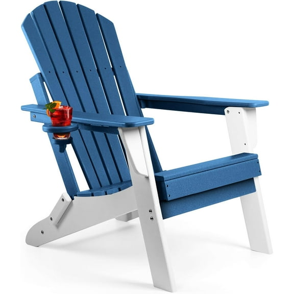 FUNBERRY Folding Adirondack Chair, Blue & White All Weather HDPE Fire Pit Chairs with Cup Holder for Outdoor