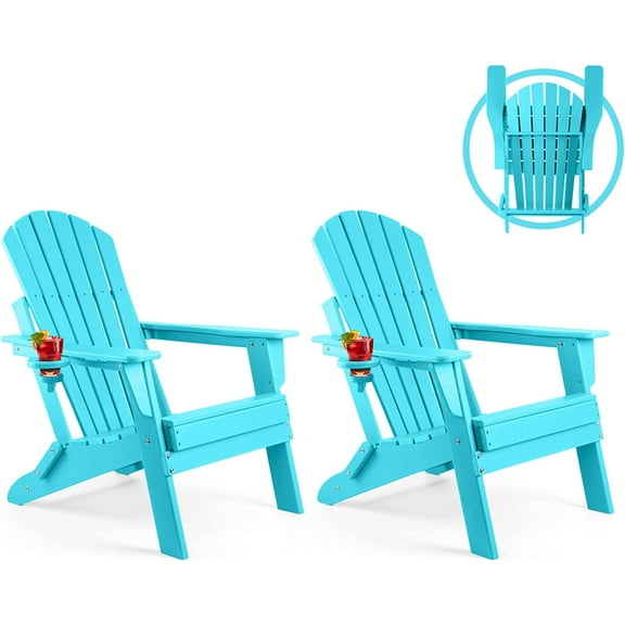 FUNBERRY Folding Adirondack Chair Set of 2, All Weather HDPE Fire Pit Chairs with Cup Holder for Outdoor