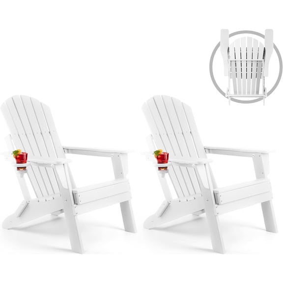 FUNBERRY Folding Adirondack Chair Set of 2, All Weather HDPE Fire Pit Chairs with Cup Holder for Outdoor