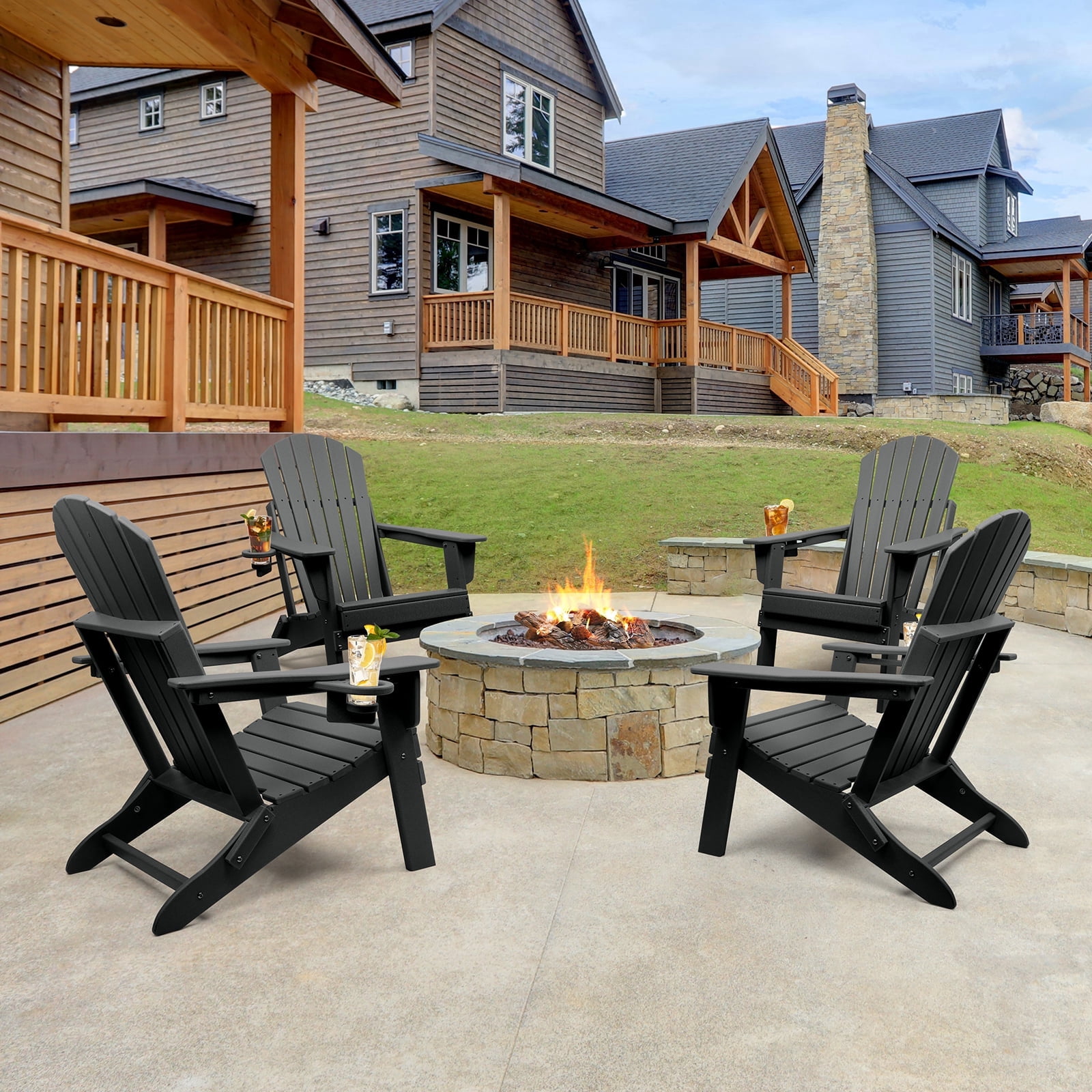 FUNBERRY Folding Adirondack Chair Set of 4, Blue & White All Weather HDPE Fire Pit Chairs with Cup Holder for Outdoor