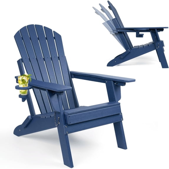 FUNBERRY Folding Adirondack Chair with Adjustable Backrest, HDPE All Weather Fire Pit Chairs with Cup Holder