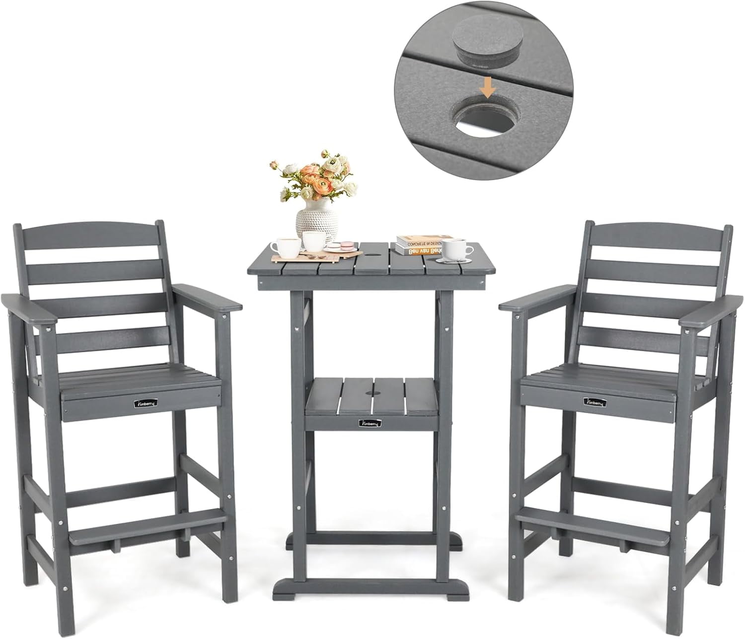 FUNBERRY Outdoor Bar Set with Umbrella Holes, Tall Adirondack Chairs ...
