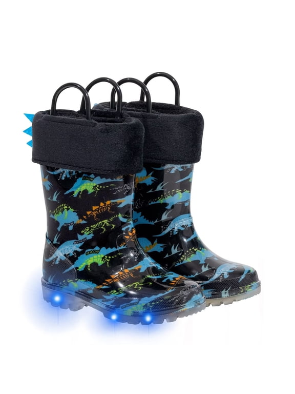 Boys Light Up Rain Boots Toddler Kids Warm Lined Winter Boots, Dinosaur, Little Kid Size 12