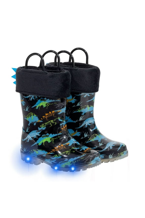 Boys Light Up Rain Boots Toddler Kids Warm Lined Winter Boots, Dinosaur, Little Kid Size 12