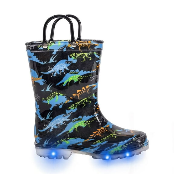 FUNCOO PLUS Boys Rain Boots Toddler Kids Light Up Waterproof Boots with Handles, Dinosaur, Size 10