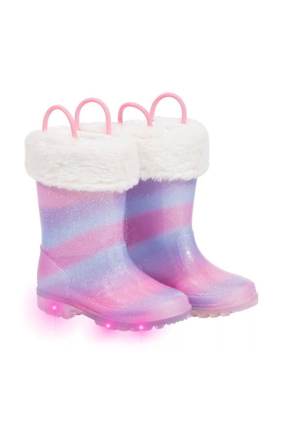 Girls Light Up Rain Boots Toddler Kids Warm Lined Winter Boots, Pink&purple, Little Kid Size 11