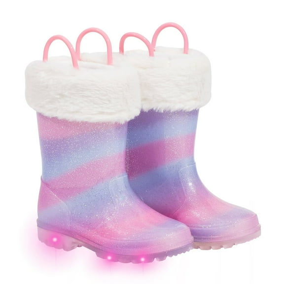 FUNCOO PLUS Girls Light Up Rain Boots Toddler Kids Warm Lined Winter Boots, Pink&purple, Little Kid Size 13