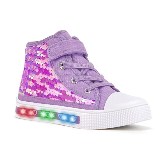 FUNCOO PLUS Toddler Girls Light Up Sneakers Kids High Top Canvas Shoes, Sequins, Size 8