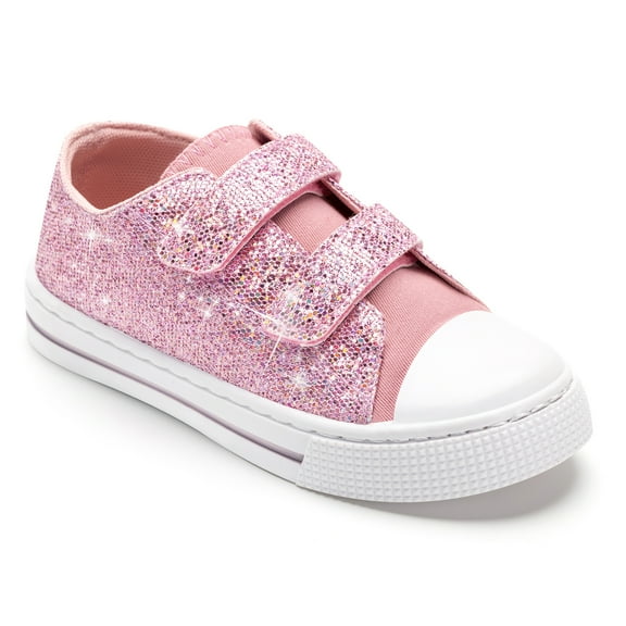 FUNCOO PLUS Kids Sneakers Toddler Girls Glitter Canvas Shoes with Hook and Loops, Pink Sequins, Size 10