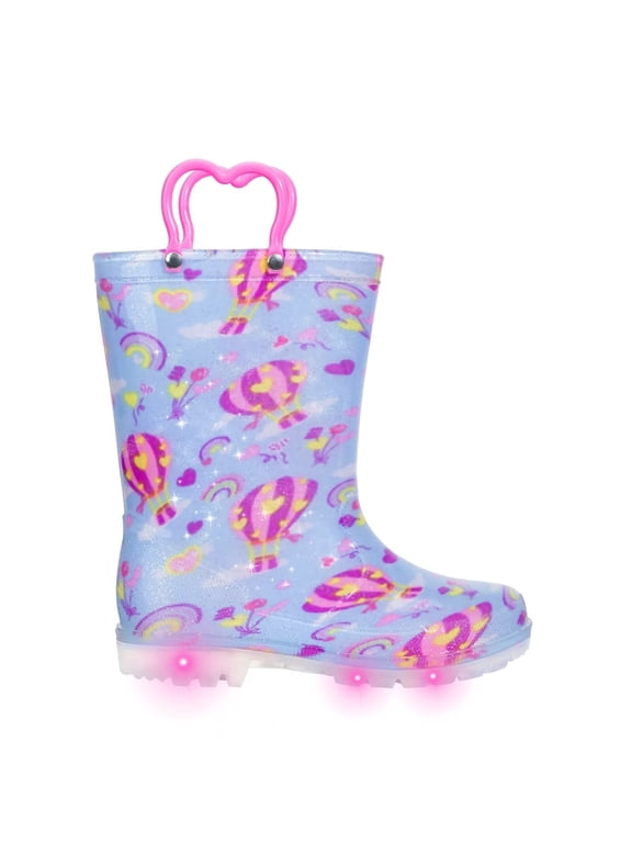 Toddler Kids Rain Boots Girls Light Up Waterproof Boots with Handles, Hot Air Balloon, Size 9