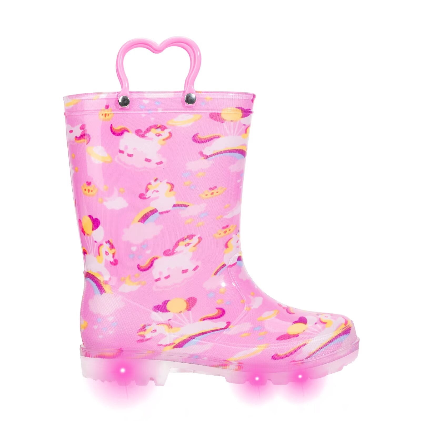FUNCOO PLUS Toddler Kids Rain Boots Girls Light Up Waterproof Boots with Handles, Pink, Big Kid Size 1
