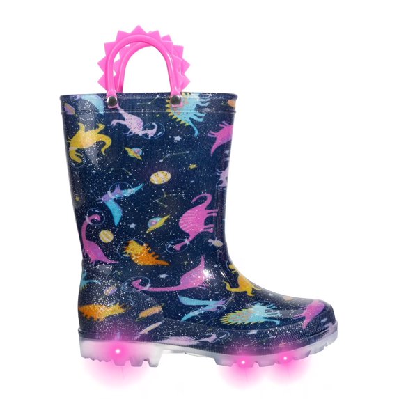 FUNCOO PLUS Toddler Kids Rain Boots Girls Light Up Waterproof Boots with Handles, Pink Space Dinosaur, Size 10