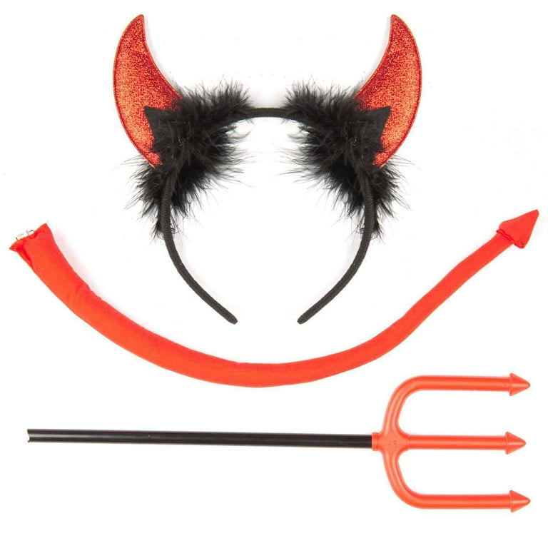 FUNCREDIBLE Devil Costume Accessories Set, Devil Horns and Tail with  Pitchfork, Glitter Devil Ears Headband