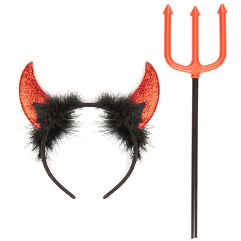 FUNCREDIBLE Devil Horns And Pitchfork, Devil Costume Accessories Set, Glitter Devil Ears Headband