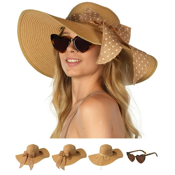 FUNCREDIBLE Wide Brim Sun Hats for Women - Floppy Straw Hat with Heart Shape Glasses - Foldable Large Summer Hat - Big Roll Up Beach Cap - UPF 50+ ( Khaki )