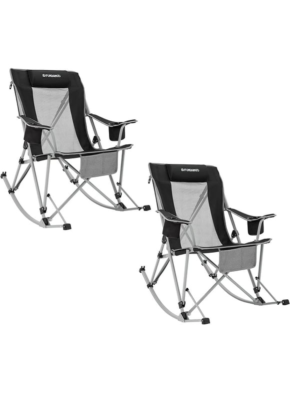 FUNDANGO 2 Pack Camping Rocking Chair Patio Lounge Folding Chair with Headrest for Adult Support up to 220lbs Black