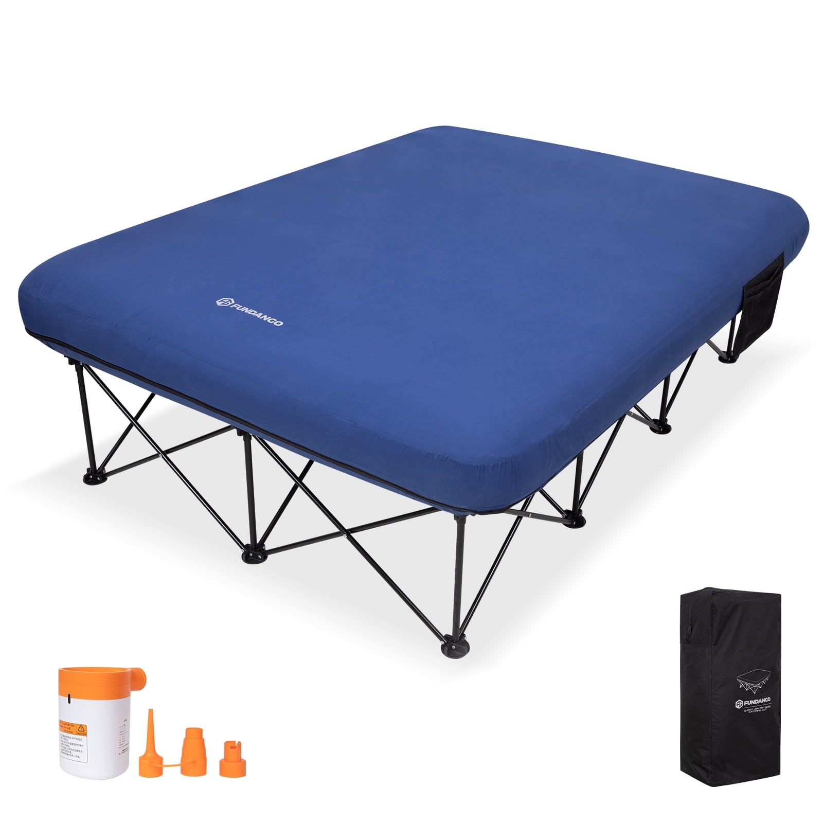 FUNDANGO 2 Person Oversized Folding Camping Cot with Air Matress, Double Outdoor Foldable Bed Cot Support 660lbs, Brushed Microfiber Queen Camping Bed for Adults with Side Table, Navy Blue