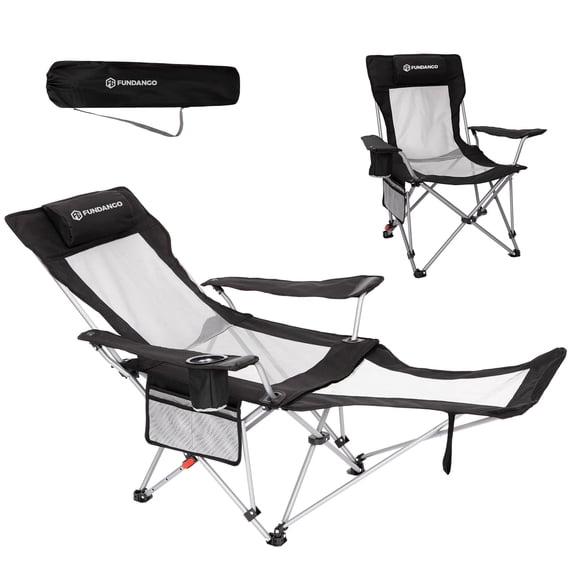 FUNDANGO Reclining Camping Chair, Folding Lounge Chairs with Removeable Footrest, 4-Position Adjustable Backrest, with Headrest & Side Pocket, Carry Bag, 390lbs Capacity