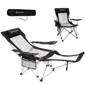 FUNDANGO Reclining Camping Chair, Folding Lounge Chairs with Removeable Footrest, 4-Position Adjustable Backrest, with Headrest & Side Pocket, Carry Bag, 390lbs Capacity