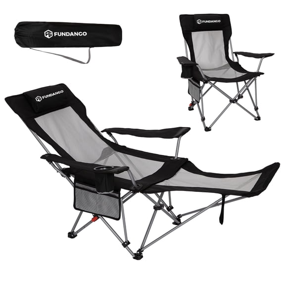 FUNDANGO 2-in-1 Reclining Camping Chair, Folding Lounge Chairs with Removeable Footrest, 4-Position Adjustable Backrest, Portable Folding Chair with Headrest & Side Pocket, Carry Bag, 390lbs Capacity