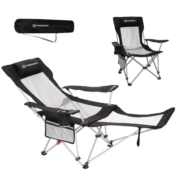 FUNDANGO 2-in-1 Reclining Camping Chair, Folding Lounge Chairs with Removeable Footrest, 4-Position Adjustable Backrest, Portable Folding Chair with Headrest & Side Pocket, Carry Bag, 390lbs Capacity