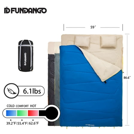 FUNDANGO Two Person Sleeping Bags with Pillows 220cm*150cm Double Camping Sleeping Bags with Compression Sack Queen Size 39.2°F-62.6°F Keep Warm Sleeping Bag, 6.1lbs, Blue