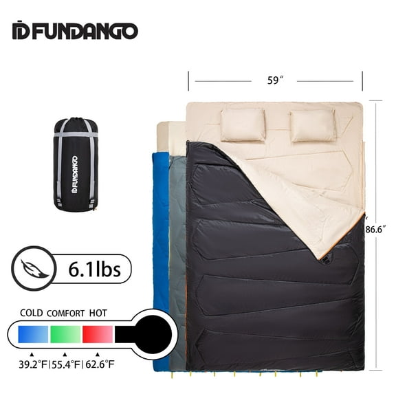 FUNDANGO 2 Person Sleeping Bag with Pillows for Adults Black Double Camping Sleeping Bags 220*150cm, Queen Size Two Person Sleeping Bags with Compression Sack 39.2°F-62.6°F, 6.1lbs, Black