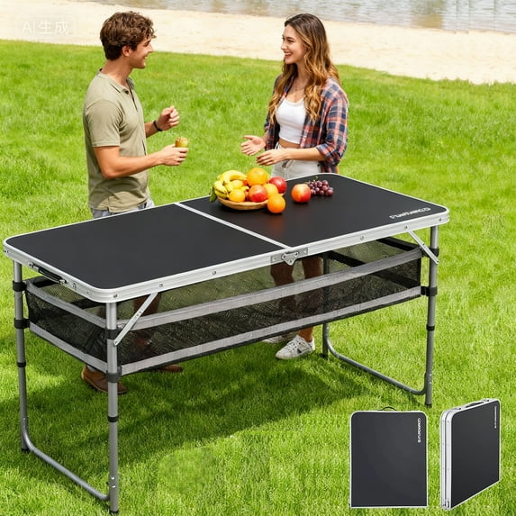 FUNDANGO Black Portable Folding Card Table with Adjustable Mesh Storage Bag 2.7ft Card Table for Camping, Travel, Outdoor Folding Card Table with Handle, 47.2"*23.6"*27.5", Black