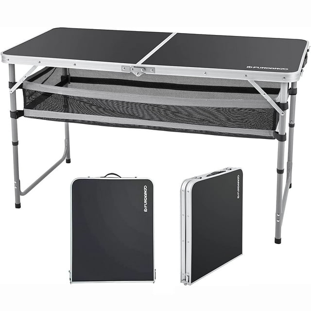 FUNDANGO Black Portable Folding Card Table with Adjustable Mesh Storage Bag 2.7ft Card Table for Camping, Travel, Outdoor Folding Card Table with Handle, 47.2"*23.6"*27.5", Black