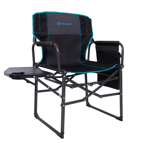 FUNDANGO Black Director Chair with Side Table for Adults, Oversized Folding Camping Chair Support 400lbs, Portable Heavy Duty Lawn Chair for Beach, Outdoor, Picnic, Sports, Black Blue, 1 Pack