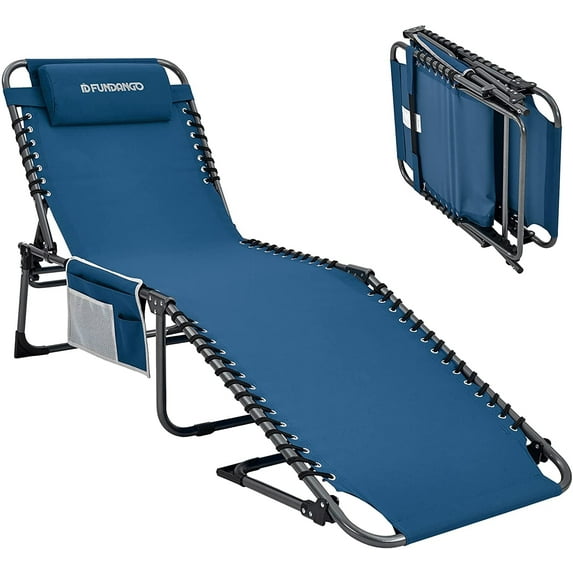 FUNDANGO Camping Chair Outdoor, Folding Chaise Lounge Chair for Beach Pool, Adjustable Reclining Chair with Pillow, Supports 265lbs, Blue 600D oxford fabric