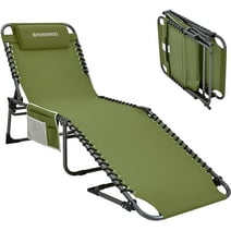 FUNDANGO Camping Chair Outdoor, Folding Chaise Lounge Chair for Beach Pool, Adjustable Reclining Chair with Pillow, Supports 265lbs, Green
