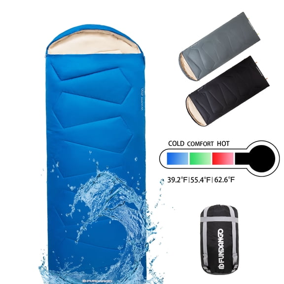 FUNDANGO Compact Boys Camping Sleeping Bags for Adults 200cm*90cm Blue Waterproof Sleeping Bags with Compression Sack Adult Camping Gear for Hiking, Backpacking, 39.2°F-62.6°F, 2.5lbs, Blue