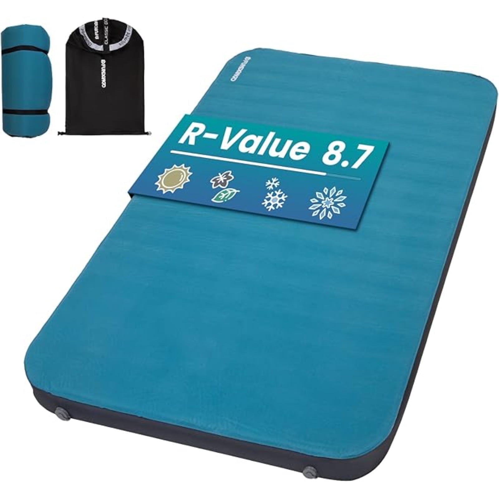 FUNDANGO Double Self - Inflating Camping Sleeping Pad , 4'' Thick Air Mattress, Portable Camping Mat with Foam ,8.7 R Value , Blue, (79" x 53" x 4")