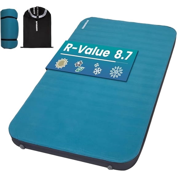 FUNDANGO Double Self - Inflating Camping Sleeping Pad , 4'' Thick Air Mattress, Portable Camping Mat with Foam ,8.7 R Value , Blue, (79" x 53" x 4")