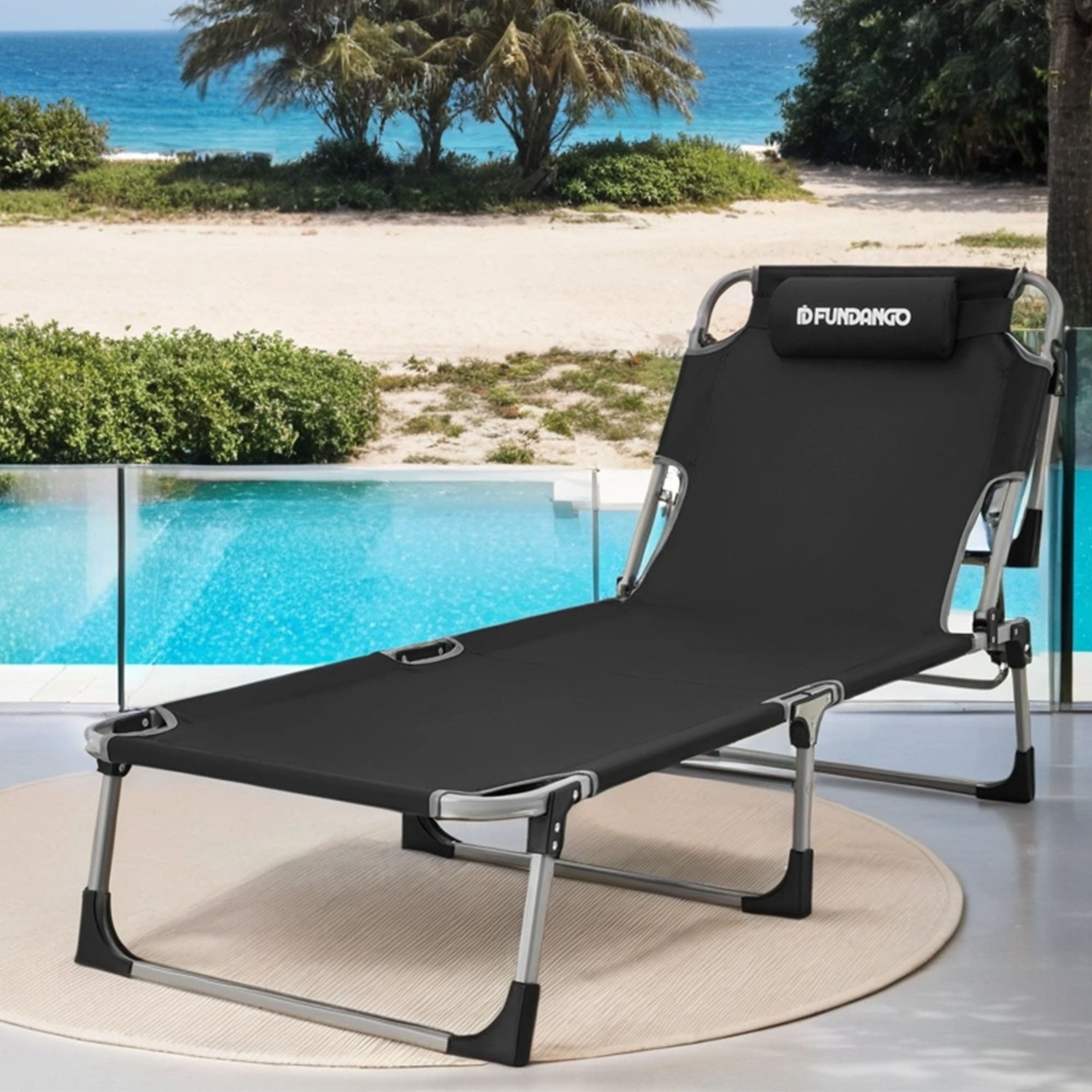 FUNDANGO 5-Fold Folding Chaise Lounge Chair, Reclining Design with Pillow, Ideal for Outdoor Beach Reclining, Black