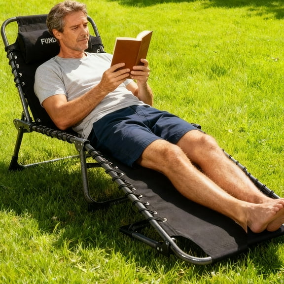 FUNDANGO Floding Beach Chair for Adults, Black Long Chaise for Lawn,Camping, Folding Chaise Lounge Chair with Pillow, 5-Fold Recliner for Adults