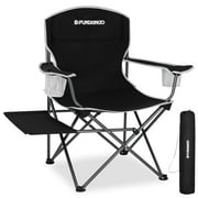 FUNDANGO Black Foldable Camp Lawn Chairs for Outside, Portable Folding Padded Chair for Park, Camping, Includes Side Table & Cup Holder, Support 300 lbs Capacity, Black, 1Pack