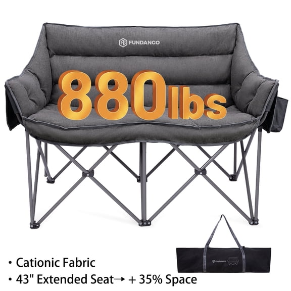 FUNDANGO Padded Loveseat Camping Chair for Adults, Folding Oversized Camping Chair for 2Person, Support to 880lbs Outdoor Double Padded Camping Chair with Side Table for Lawn & Camping, Grey