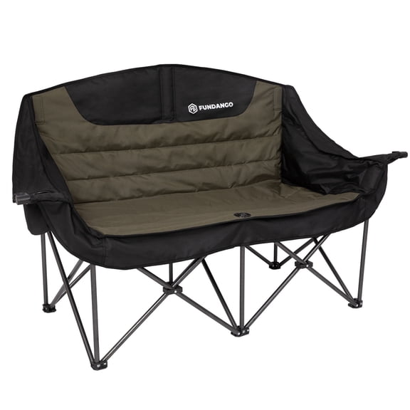 FUNDANGO Padded 2Person Folding Camping Loveseat Chair, Oversized Outdoor Loveseat for Adults, Black Green Portable Double Camping Couch with Cup Holder & Side Table, Black-Olive Green