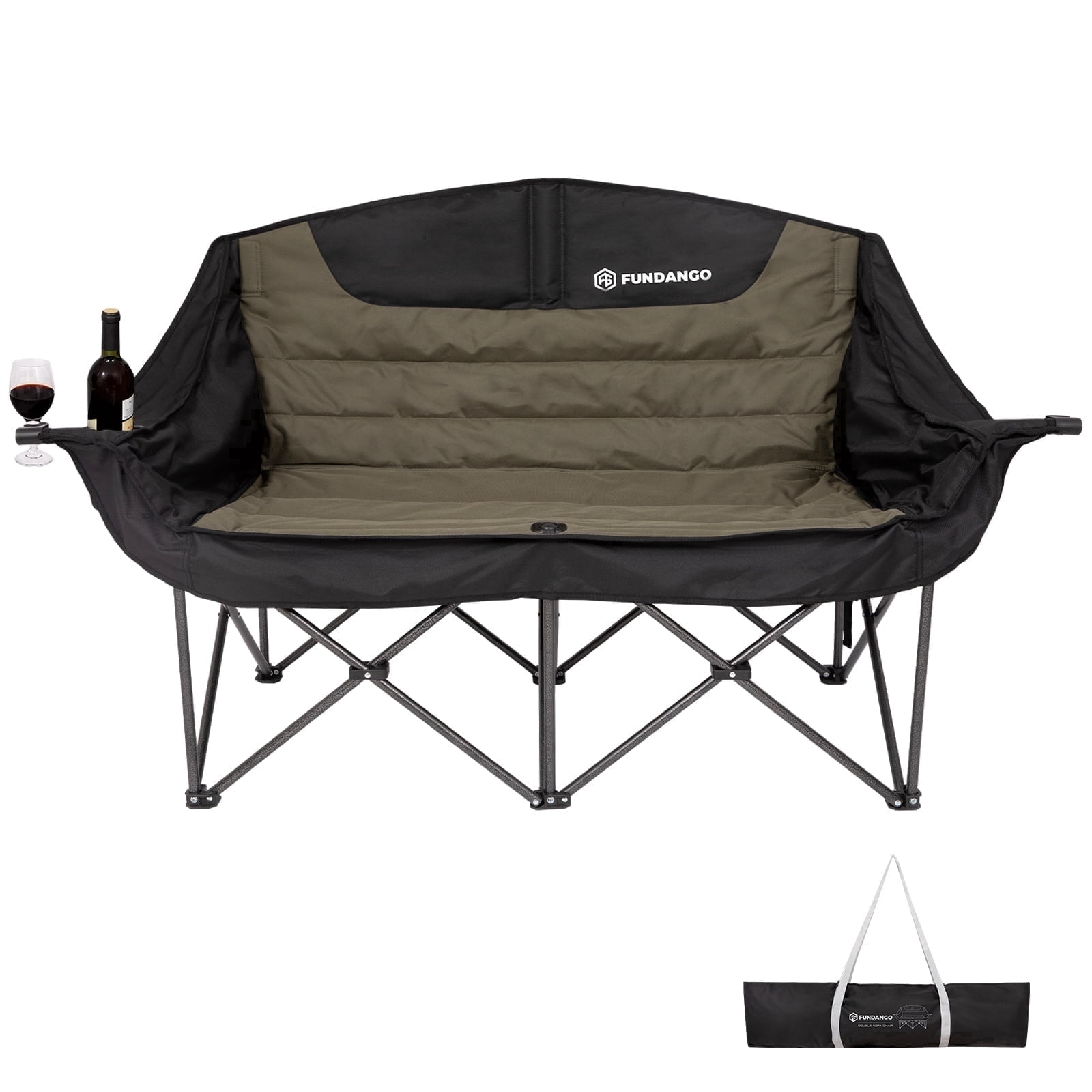 FUNDANGO 2 Person Folding Camping Loveseat Chair, Oversized Outdoor Loveseat for Adults, Black Green Portable Double Padded Camping Couch with Cup Holder & Side Table, Black-Olive Green