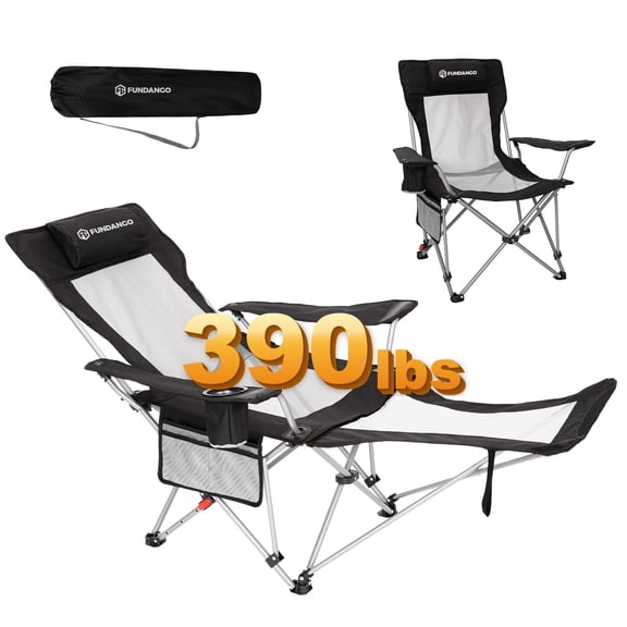 FUNDANGO Reclining Camping Chair, Folding Lounge Chairs with Removeable Footrest, 4-Position Adjustable Backrest, with Headrest & Side Pocket, Carry Bag, 390lbs Capacity